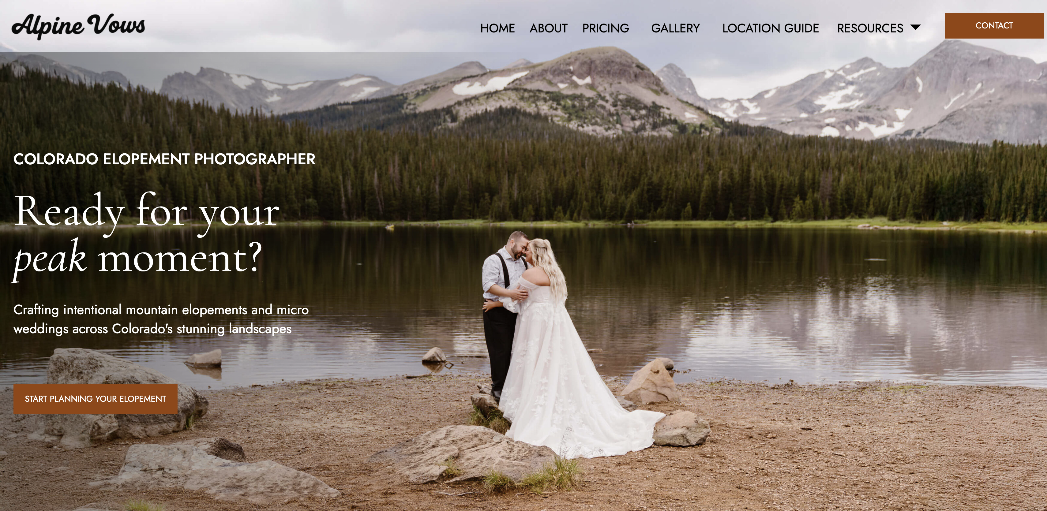 Alpine Vows homepage, a couple at Brainard Lake, Colorado