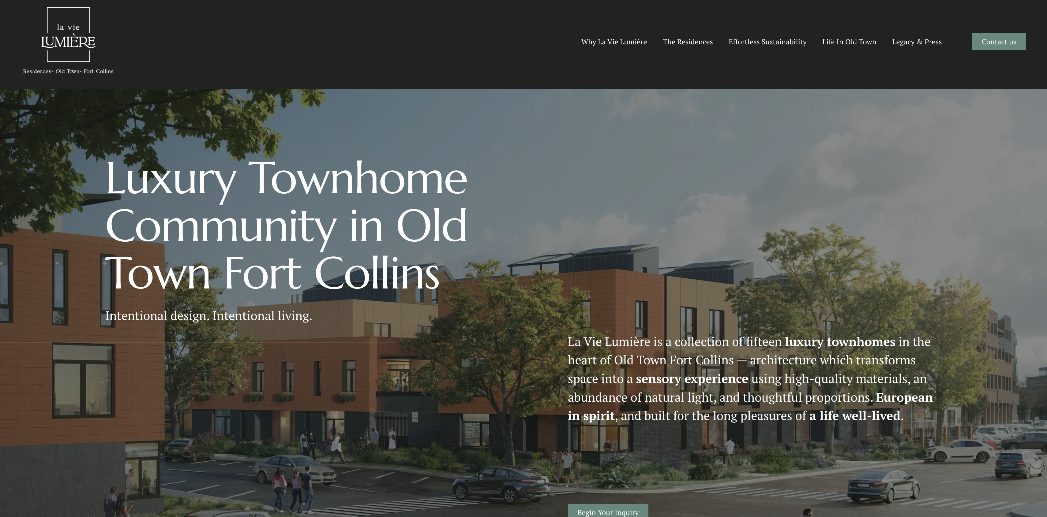 La Vie Lumiere homepage, exterior rendering of the townhome community