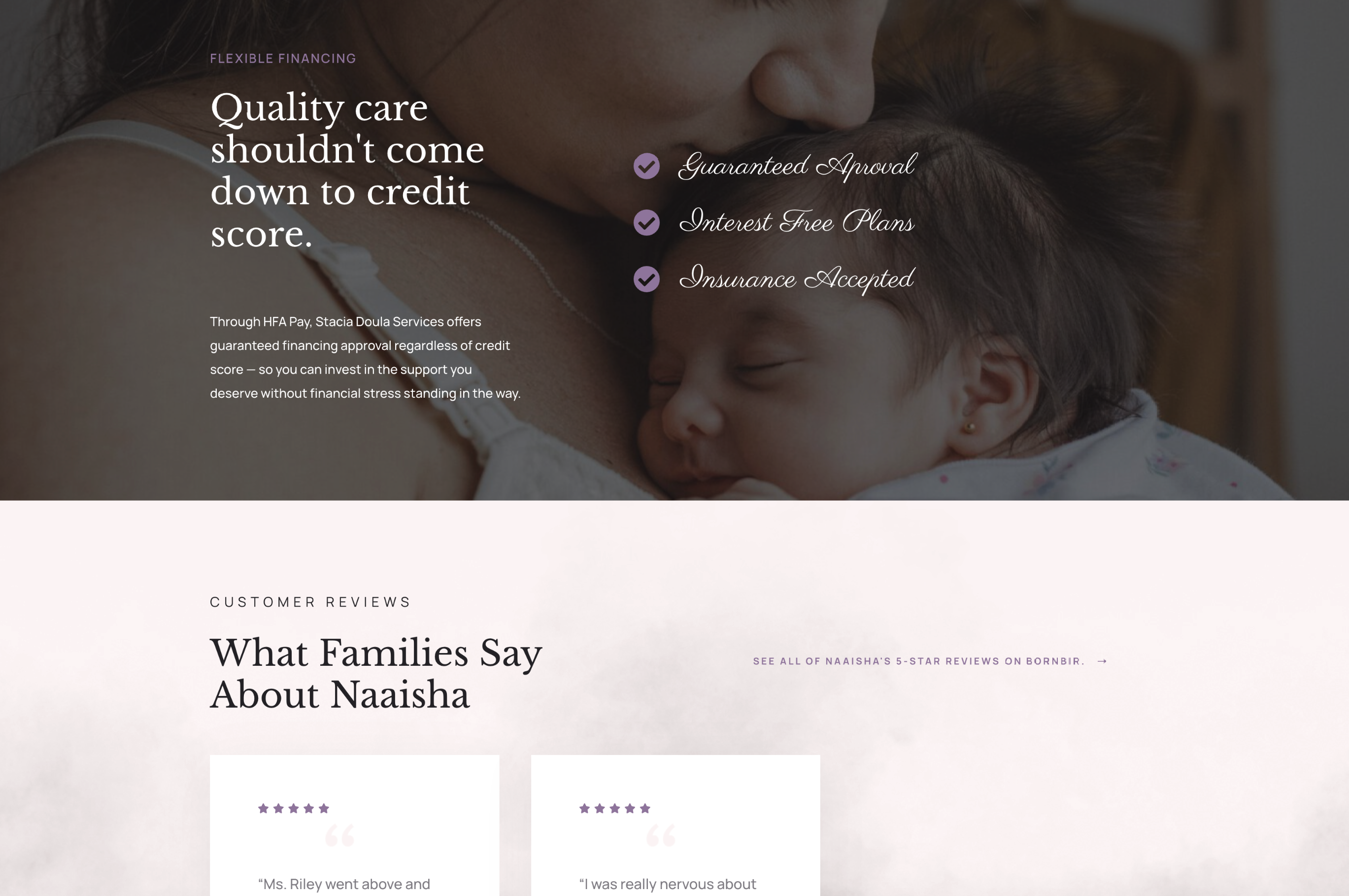 Stacia Doula flexible financing and family reviews section